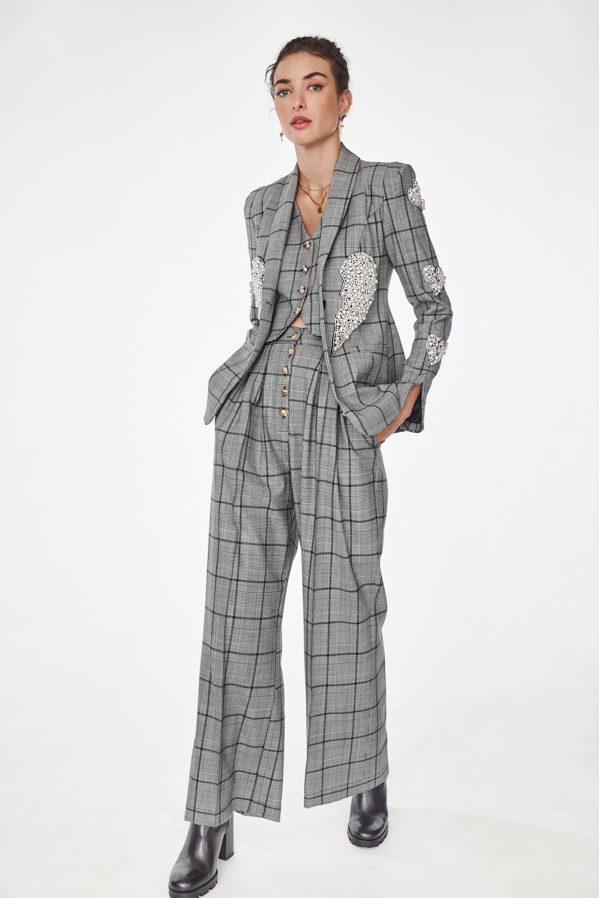 LAUREN BLAZER- WOOL PLAID with Heart Embroidery