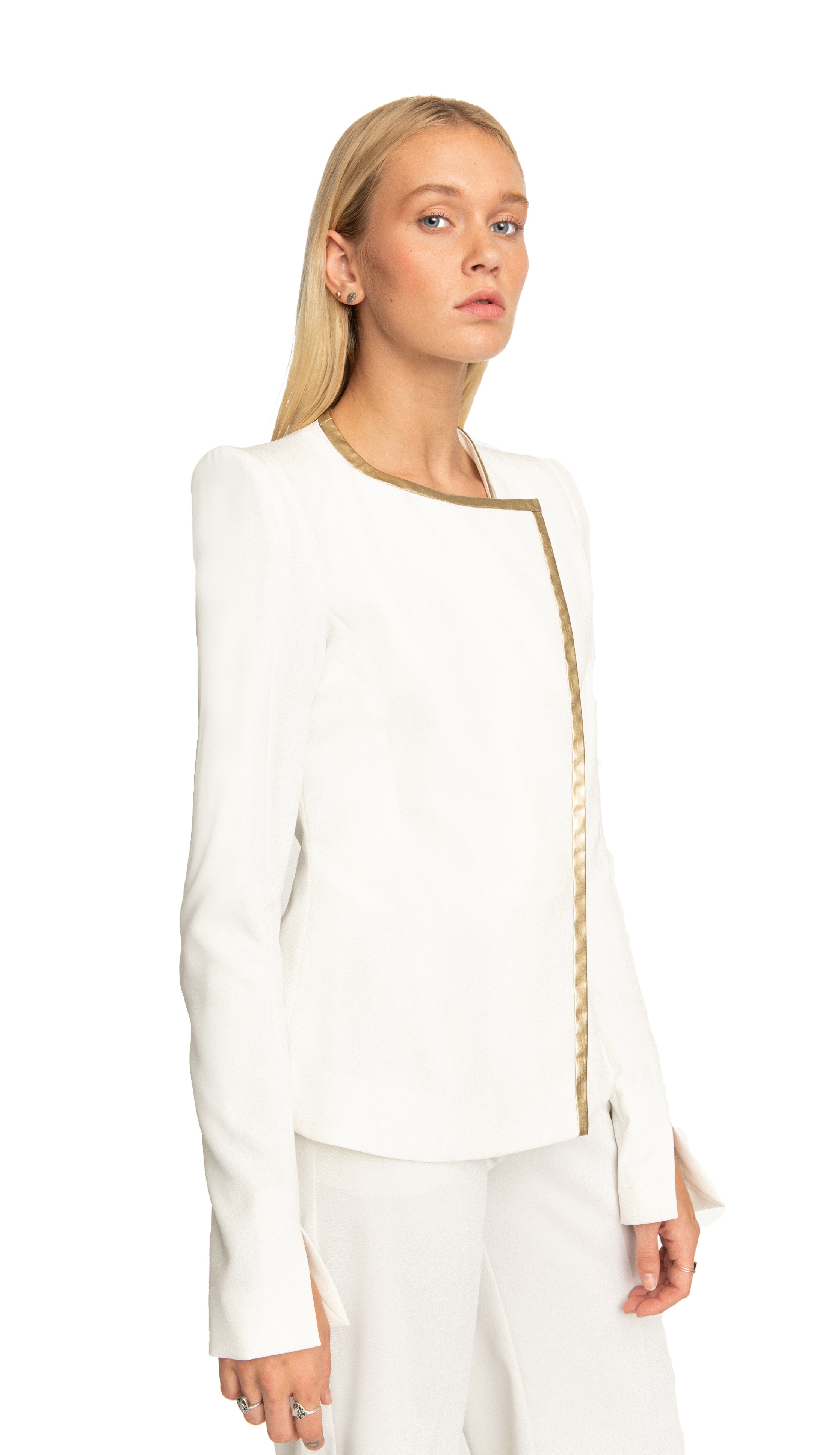 Shari Asymmetrical Fringes Blazer White/ Gold