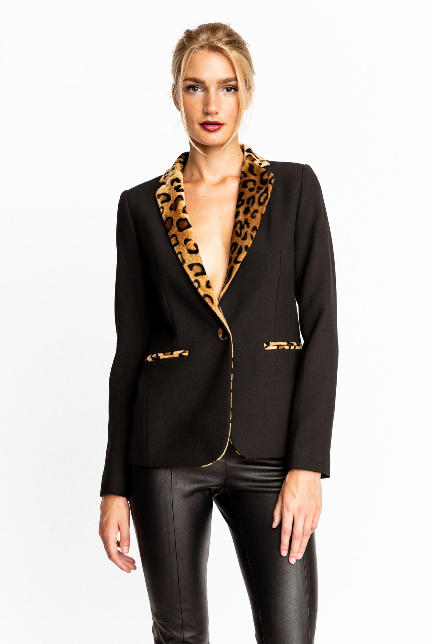 Gaia Blazer Black With Leopard Lapels - Blazer