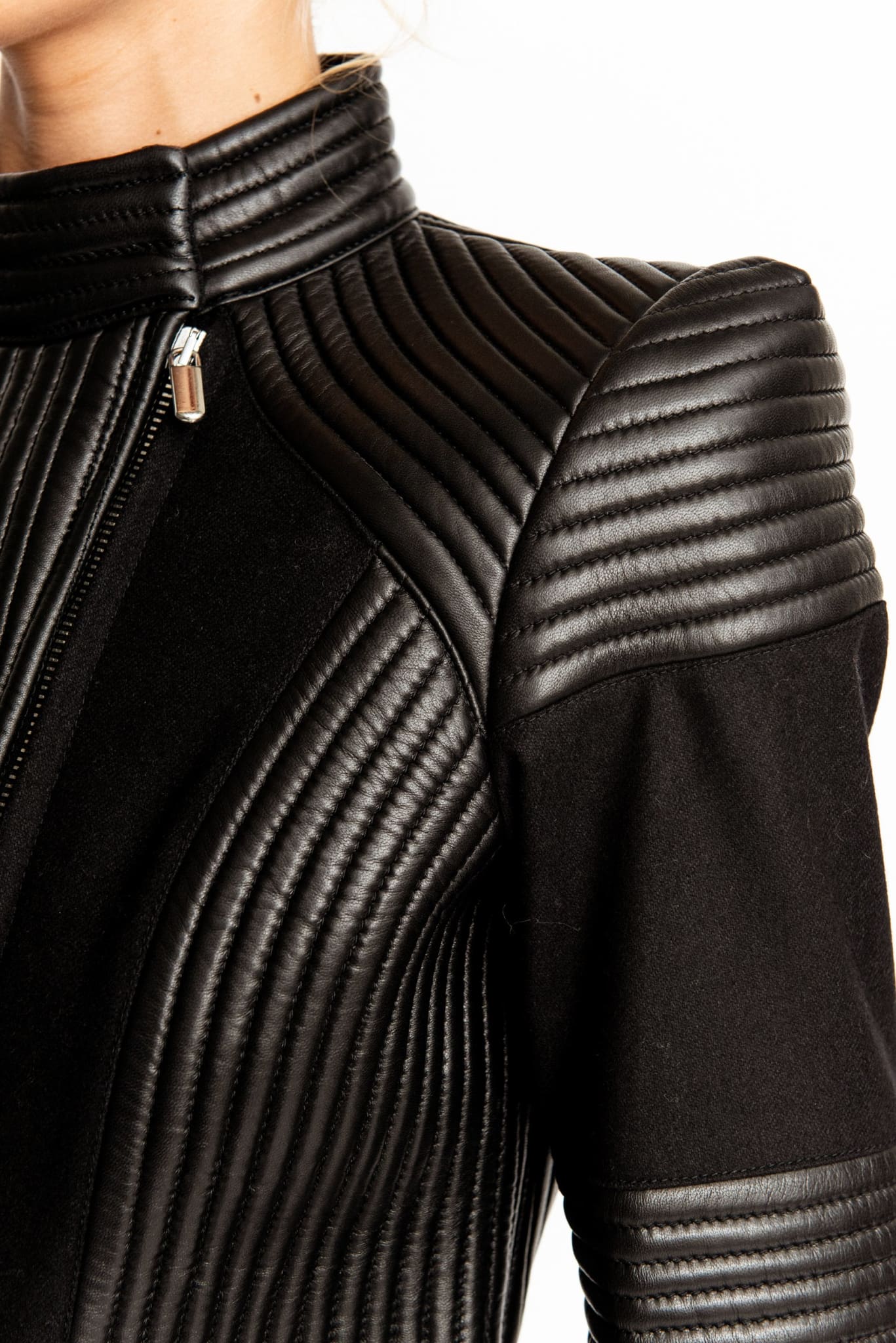 Moto Quilted Leather Sleeve Jacket - Jacket